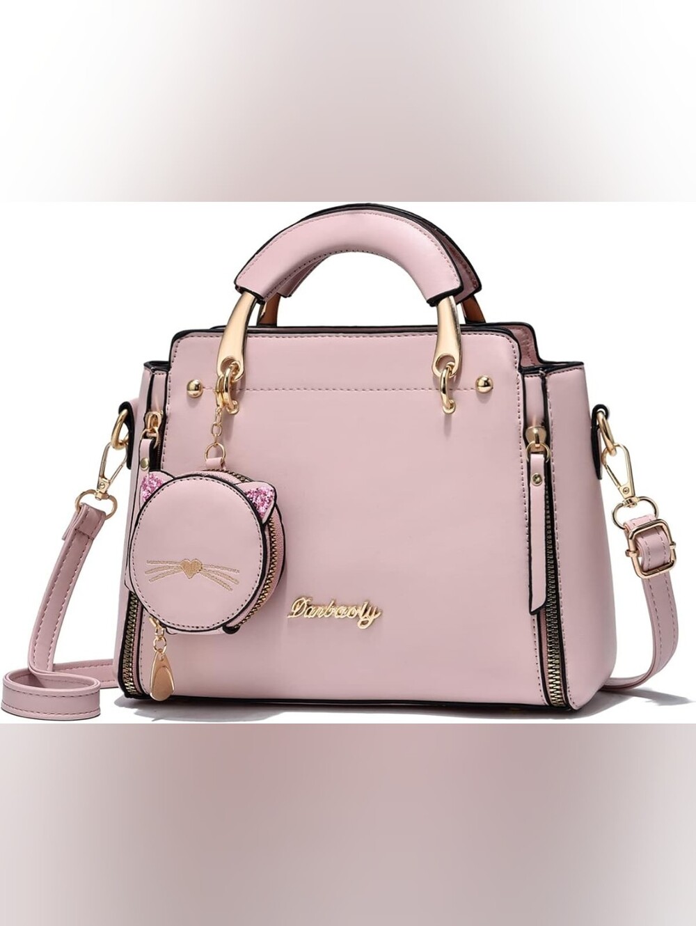 Pink Satchel Crossbody Bag with Cat Coin Purse Charm